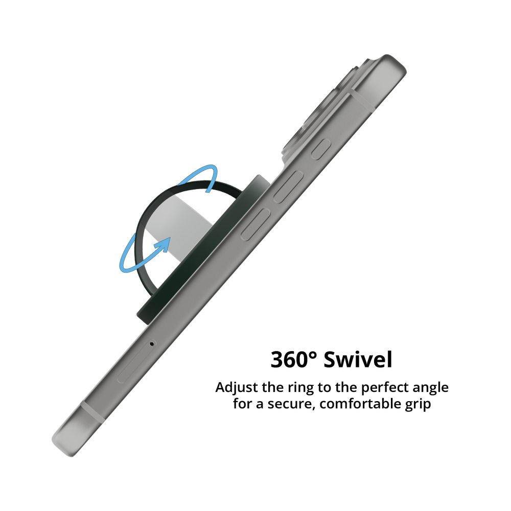 Dark green MagSafe grip ring swiveling 360 degrees on an iPhone