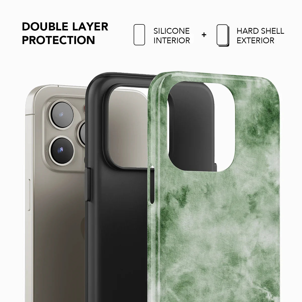 Green tie-dye phone case with double layer protection on a white background