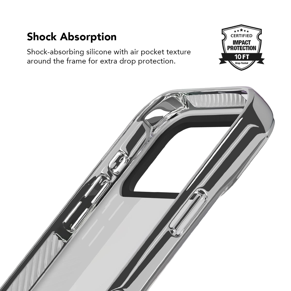 Chrome silver iPhone Case with shock-absorbing silicone and air pocket texture for added protection