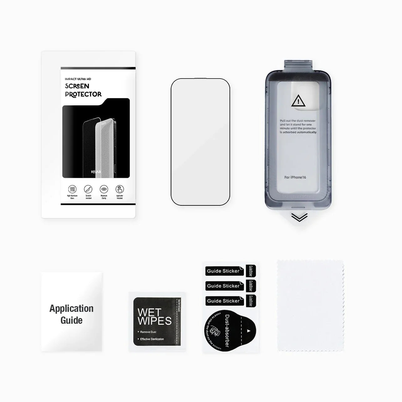 Complete KELAB iPhone screen protector kit with install tray, wipes, guide stickers, and application guide for flawless installation.