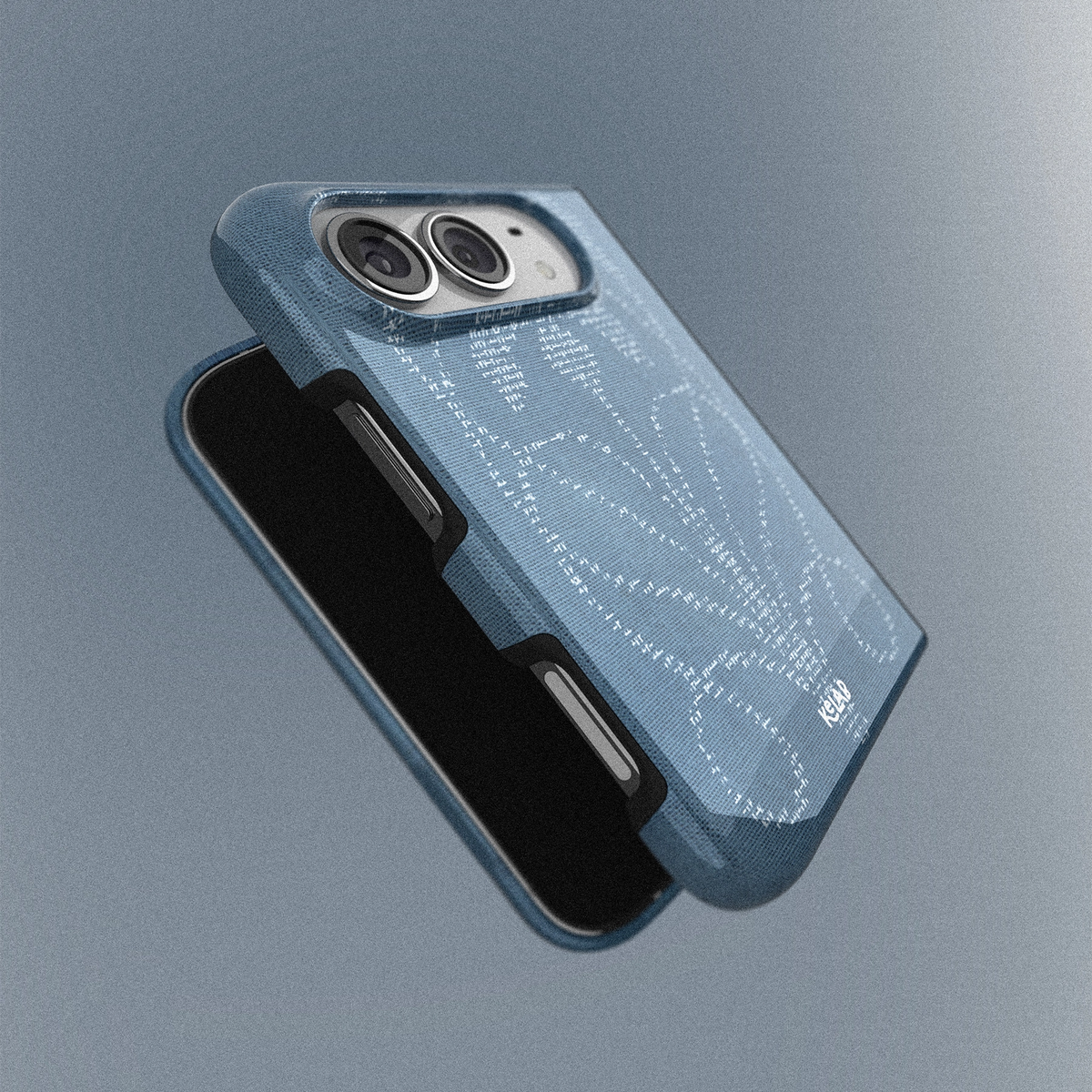 Blue denim print iPhone duo case, side profile view showcasing glossy finish and all-around protective coverage