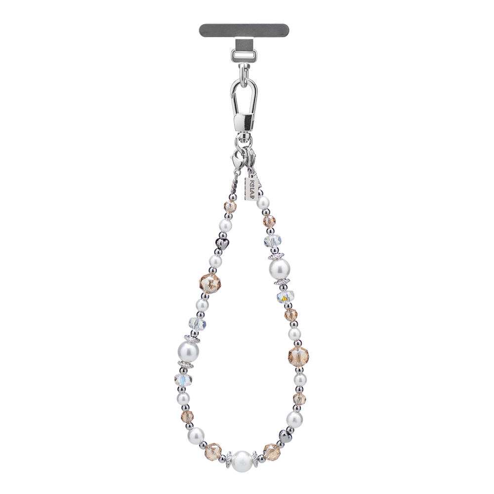 Elegant silver-tone beaded phone charm with pearls and crystals, perfect for accessorizing and functionality.