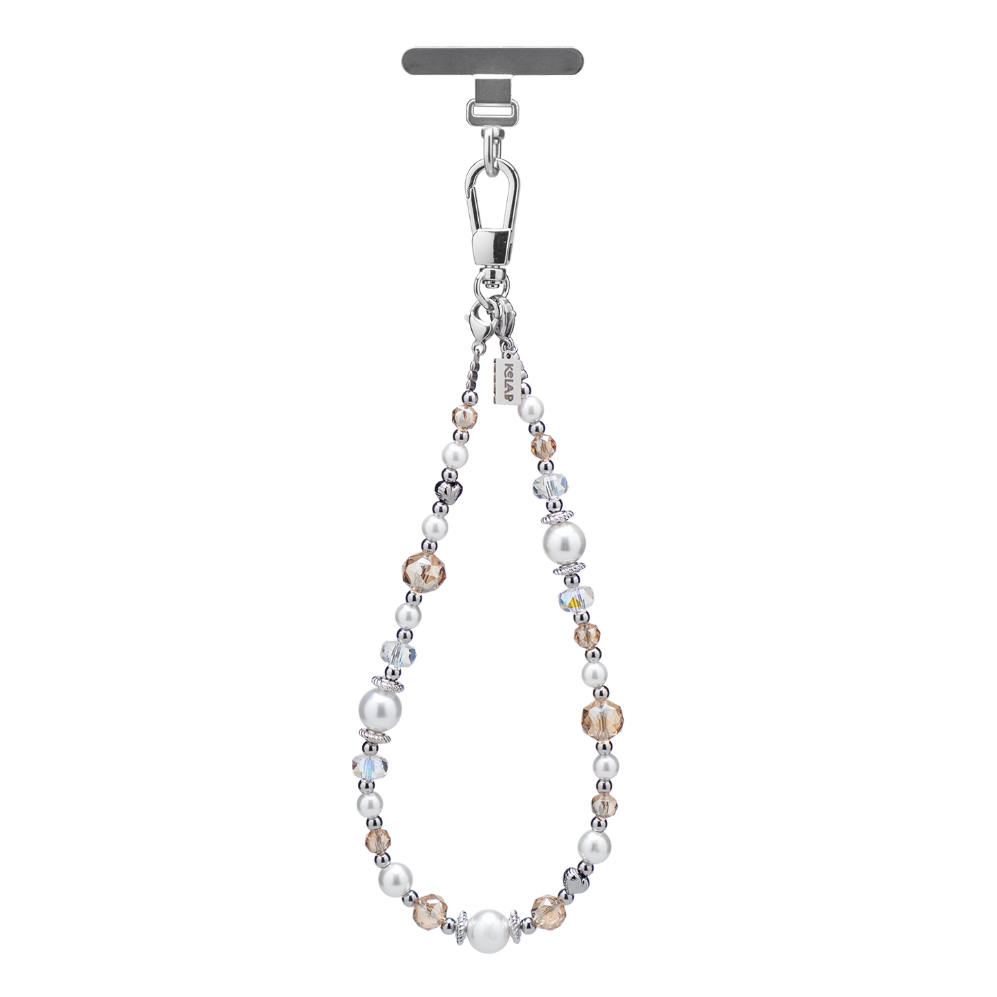 Elegant silver-tone beaded phone charm with pearls and crystals, perfect for accessorizing and functionality.