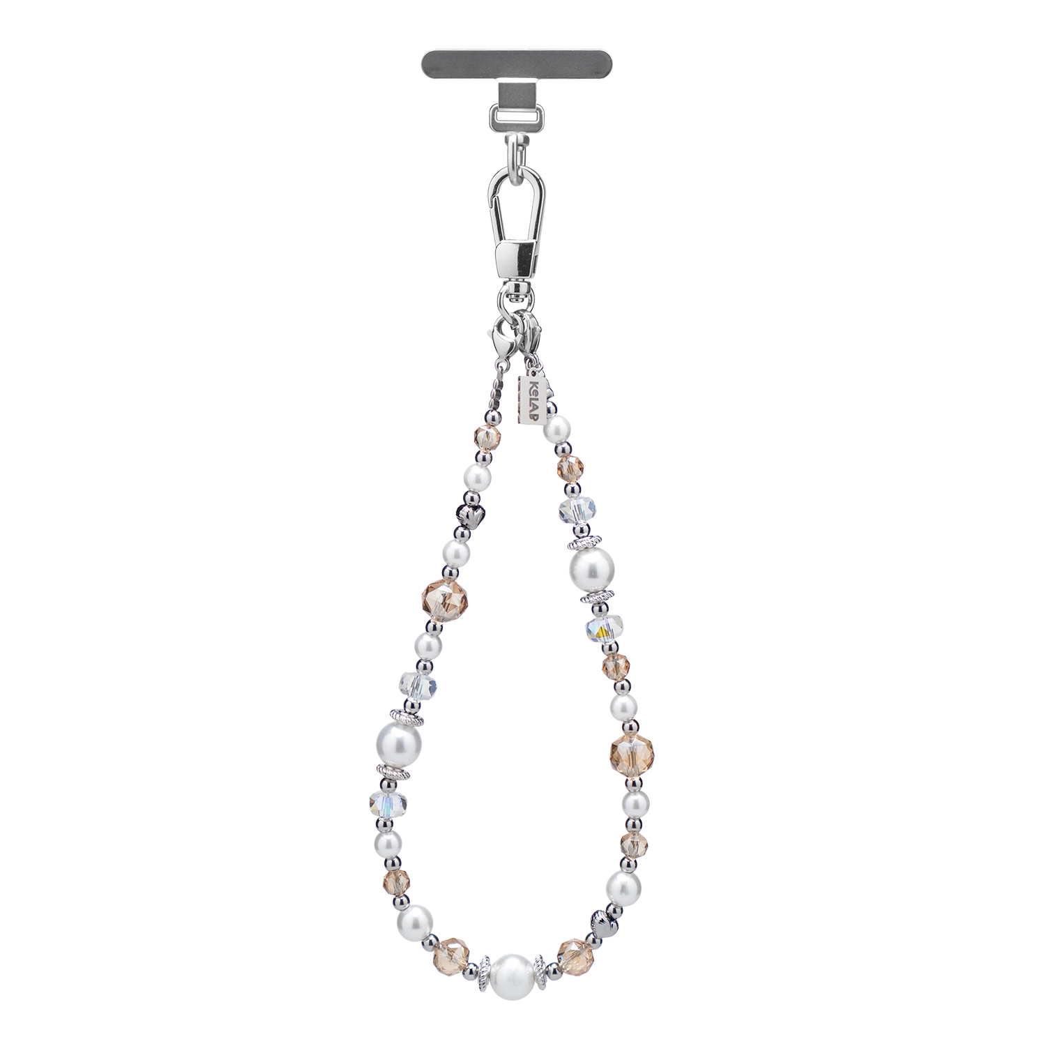 Elegant silver-tone beaded phone charm with pearls and crystals, perfect for accessorizing and functionality.