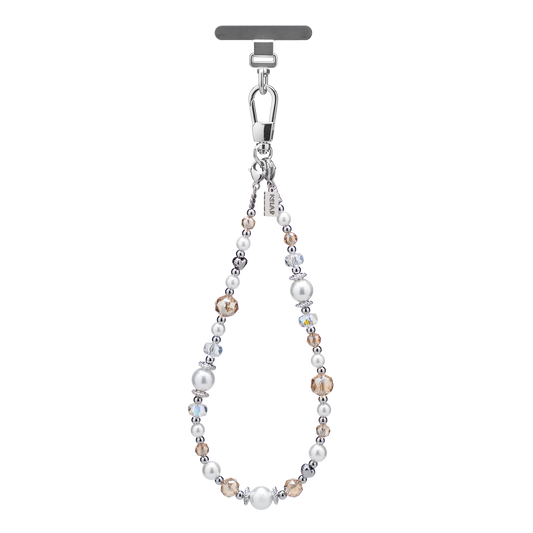 Elegant silver-tone beaded phone charm with pearls and crystals, perfect for accessorizing and functionality.