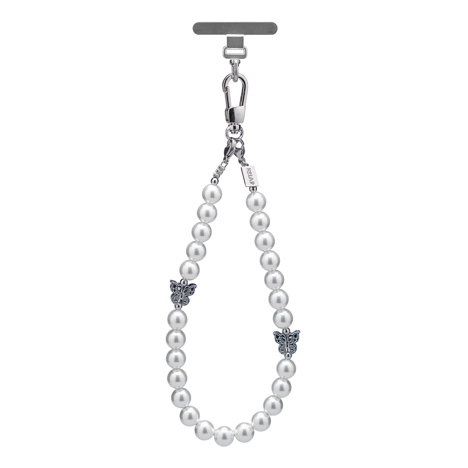 Elegant white pearl phone charm with silver clasp and ornate embellishments for a chic accessory.