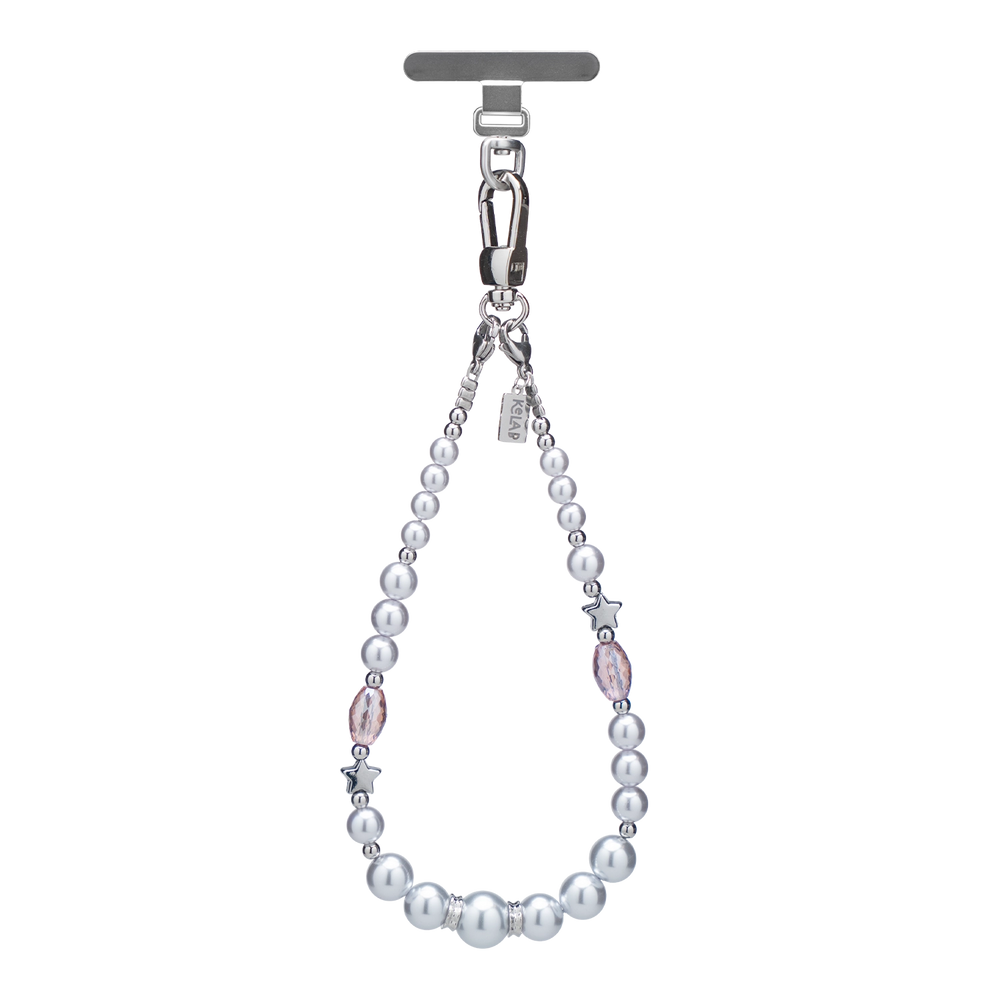 Elegant pearl phone charm with silver clasp and pink accents, perfect for stylish accessory lovers.