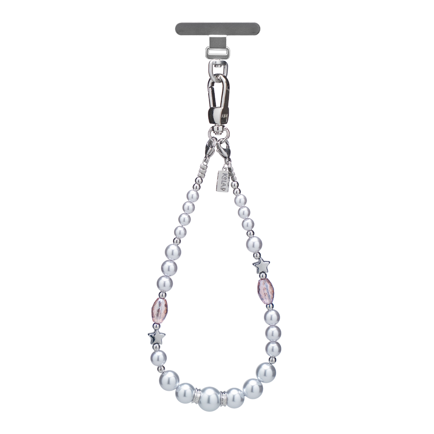 Elegant pearl phone charm with silver clasp and pink accents, perfect for stylish accessory lovers.