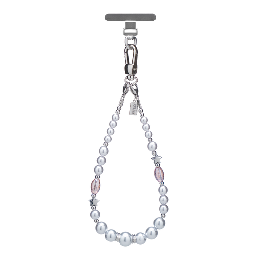Elegant pearl phone charm with silver clasp and pink accents, perfect for stylish accessory lovers.