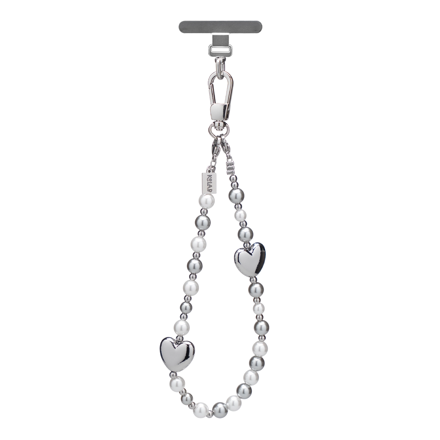 Silver heart charm lanyard with beads, perfect for holding phone and keys.