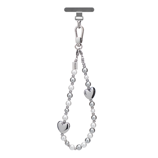 Silver heart charm lanyard with beads, perfect for holding phone and keys.