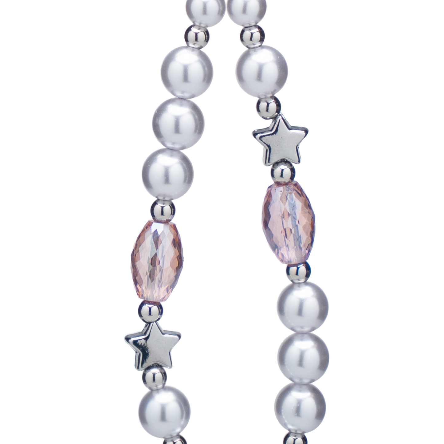 Elegant pearl phone charm with pink crystal beads and silver star accents.