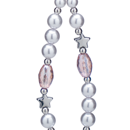 Elegant pearl phone charm with pink crystal beads and silver star accents.
