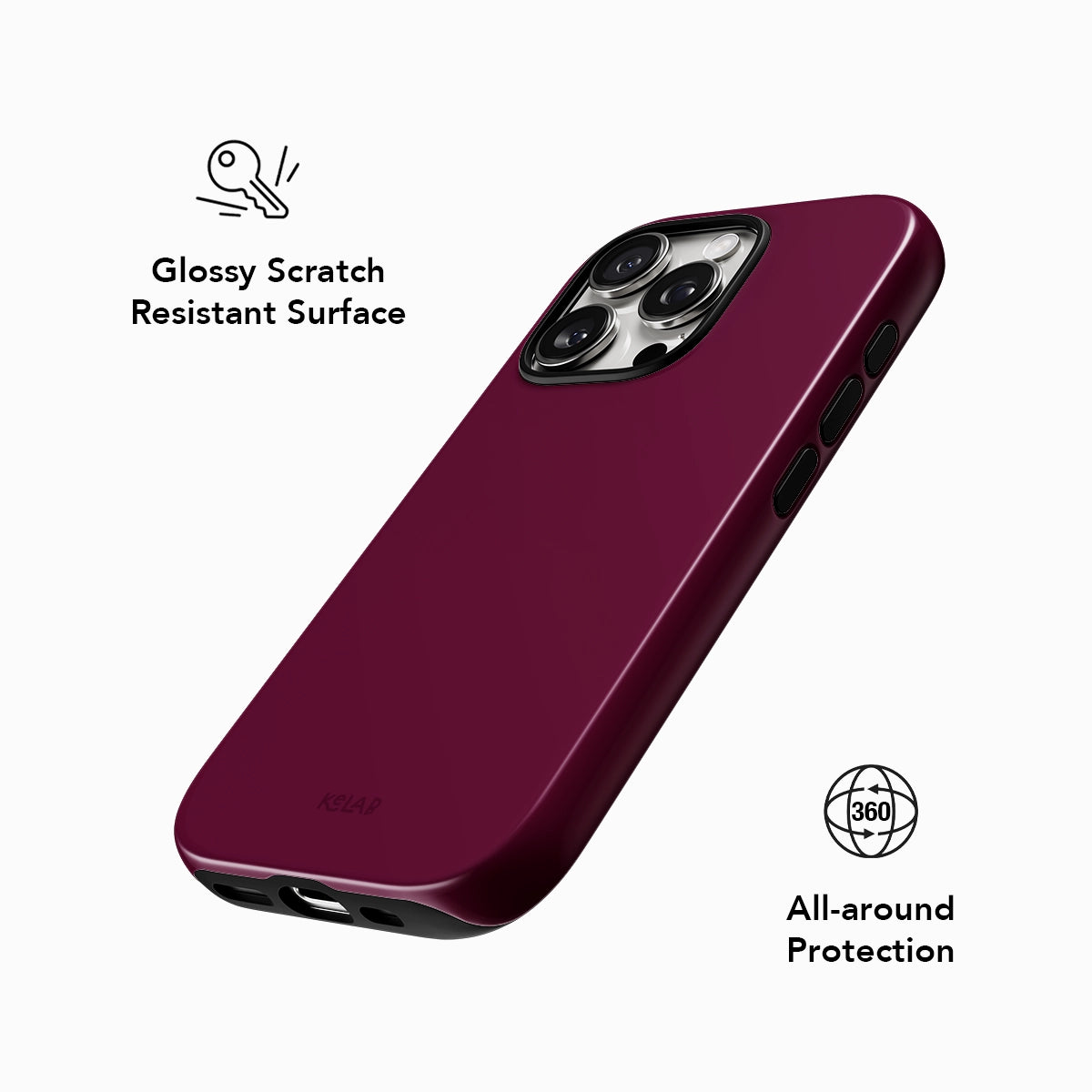 Glossy, scratch-resistant KELAB burgundy phone case offering 360° all-around protection for mobile devices.