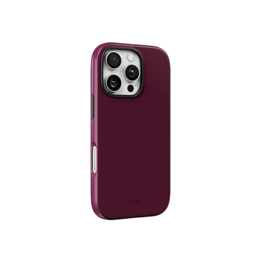 Side view of KELAB's solid burgundy phone case showing slim profile and responsive button covers for modern smartphones.
