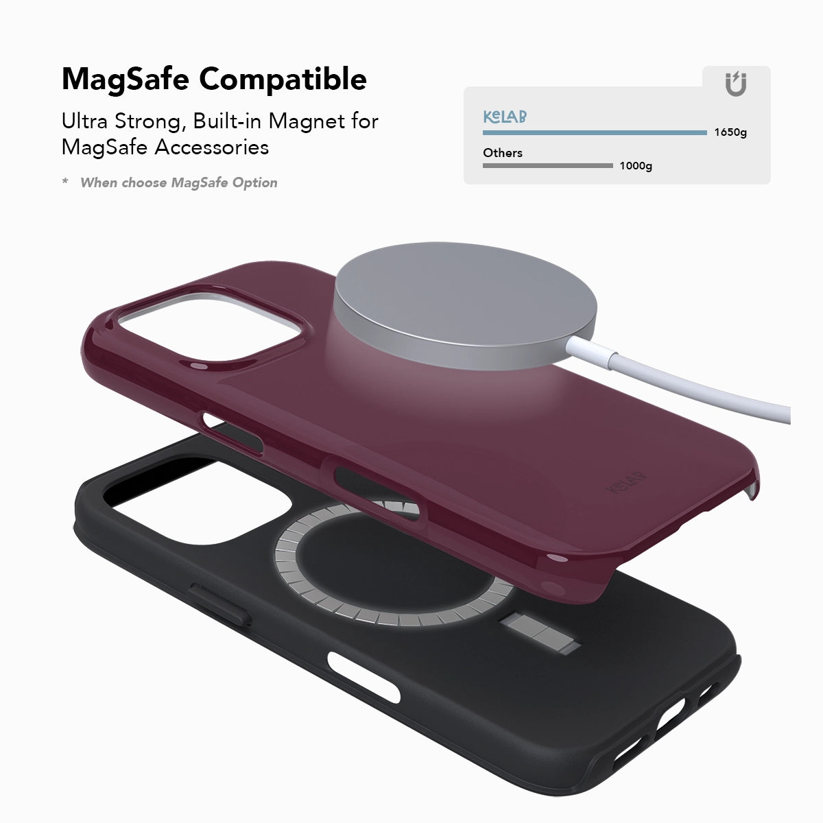 MagSafe compatible KELAB burgundy phone case with built-in magnet and detachable layers for wireless charging accessories.