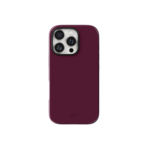 Burgundy phone case in solid pinkish-red with minimalist style by KELAB, designed for iPhone with precise camera cutout and sleek finish.