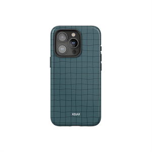Muted cyan grid iPhone case with subtle striped design by KELAB, offering minimalist style and durable protection for modern smartphones.