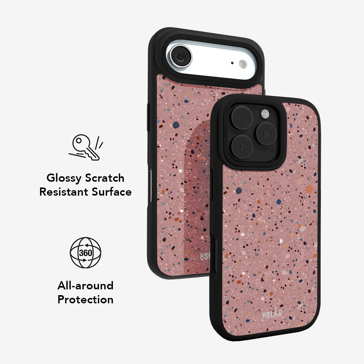 Pink speckled phone case with glossy, scratch-resistant surface and 360 all-around protection.