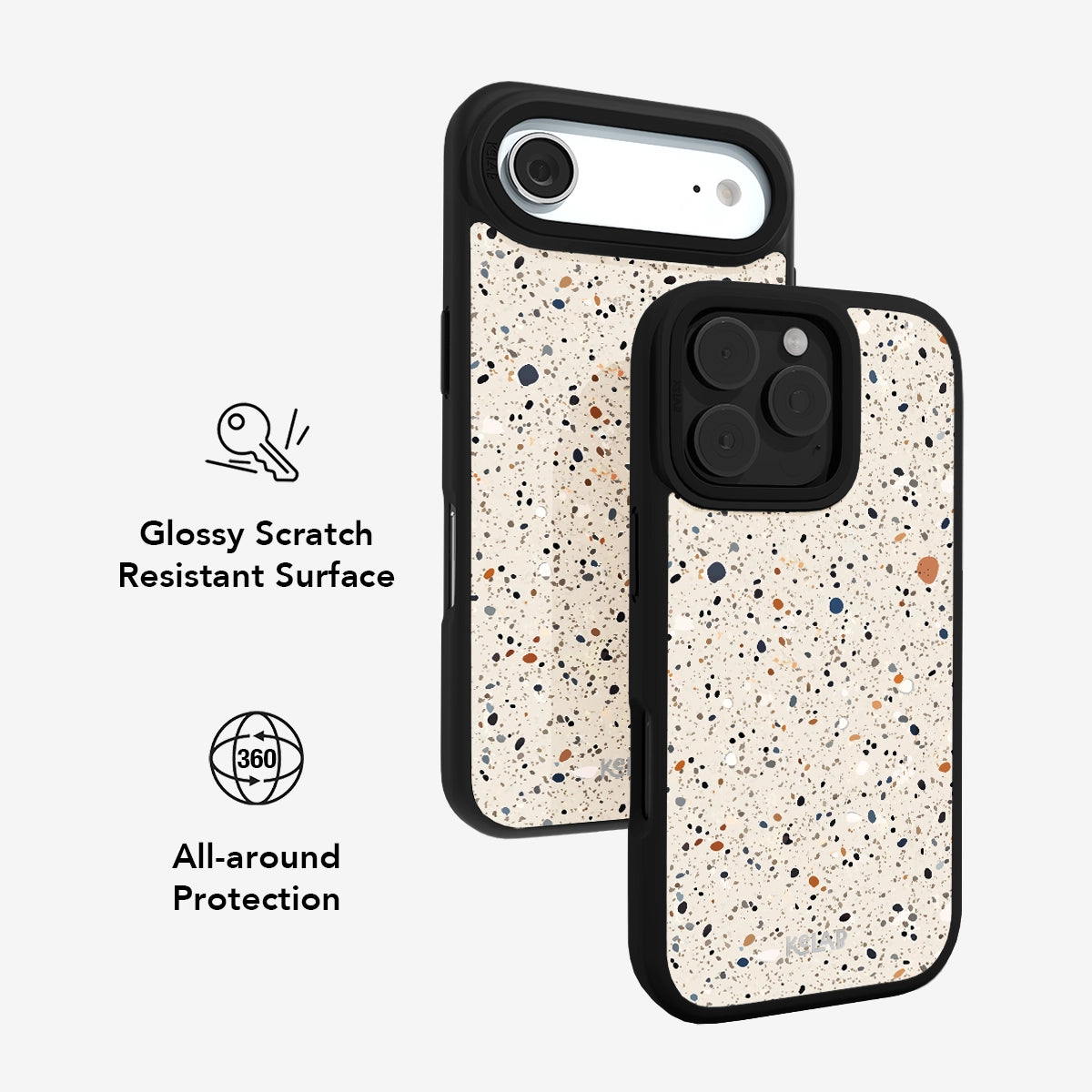 Stylish phone case with glossy scratch-resistant surface and 360 all-around protection, speckled design.
