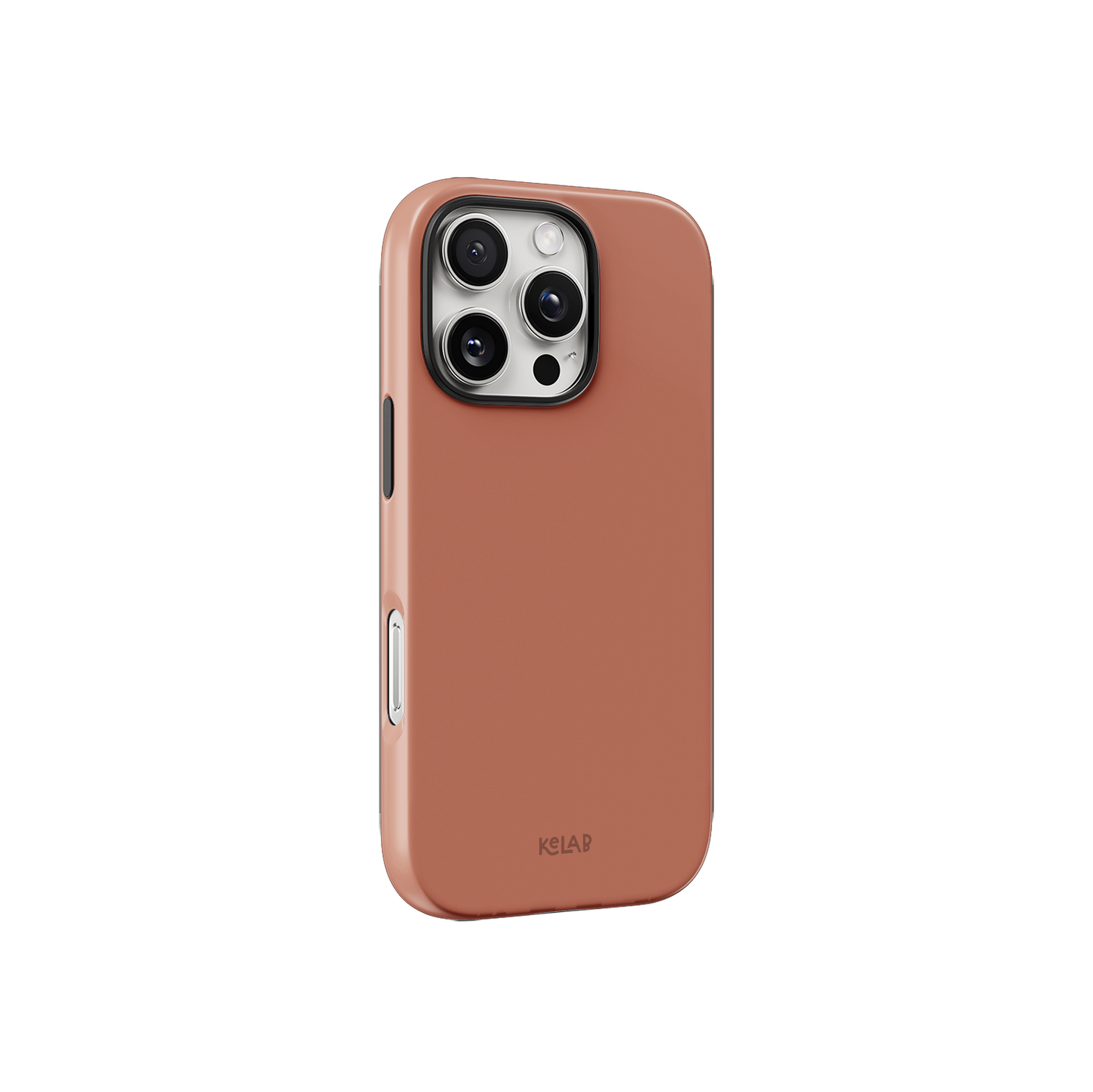 Solid nude phone case by KELAB shown at an angle, highlighting its minimalist design and snug fit for iPhone models.