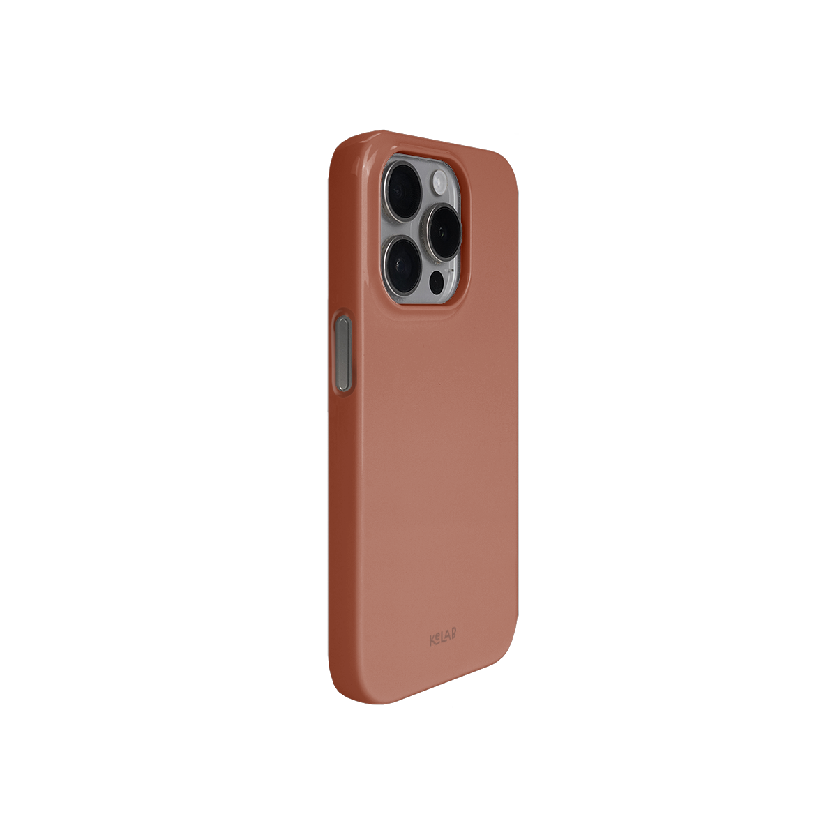Angled rear view of KELAB nude phone case showcasing its smooth finish and minimalist solid color style for modern users.