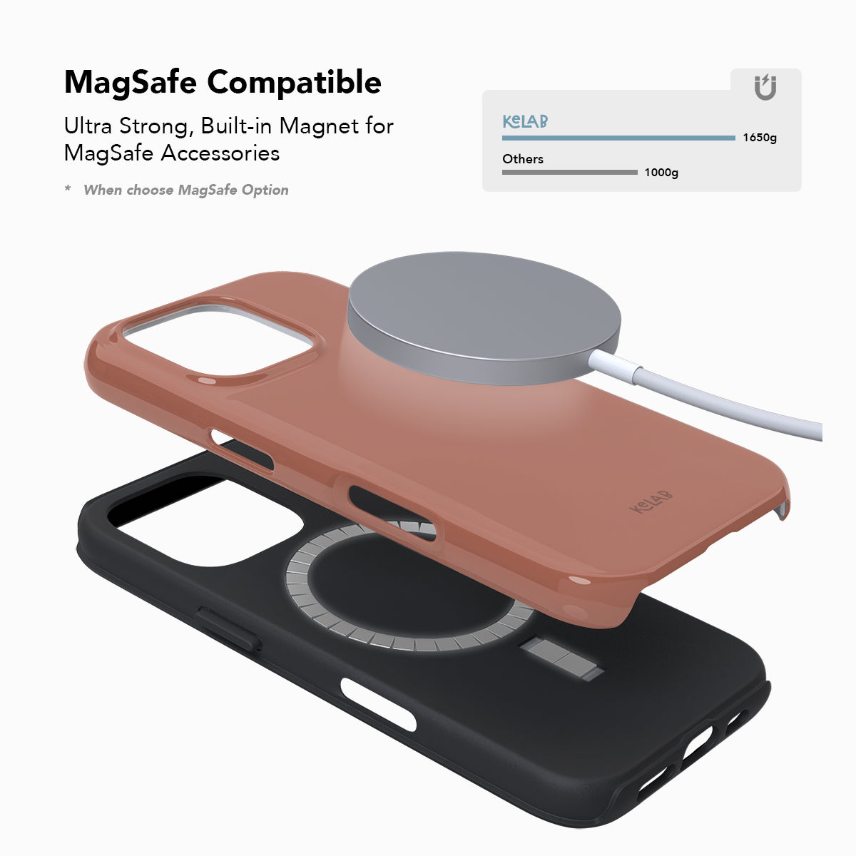 MagSafe compatible nude phone case by KELAB with built-in magnet for strong accessory attachment and dual-layer construction.