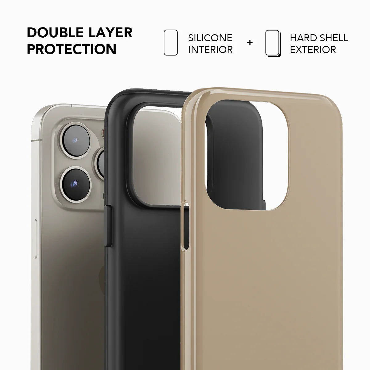 Double-layer beige phone case by KELAB with silicone interior and hard shell exterior for enhanced durability and shock resistance.