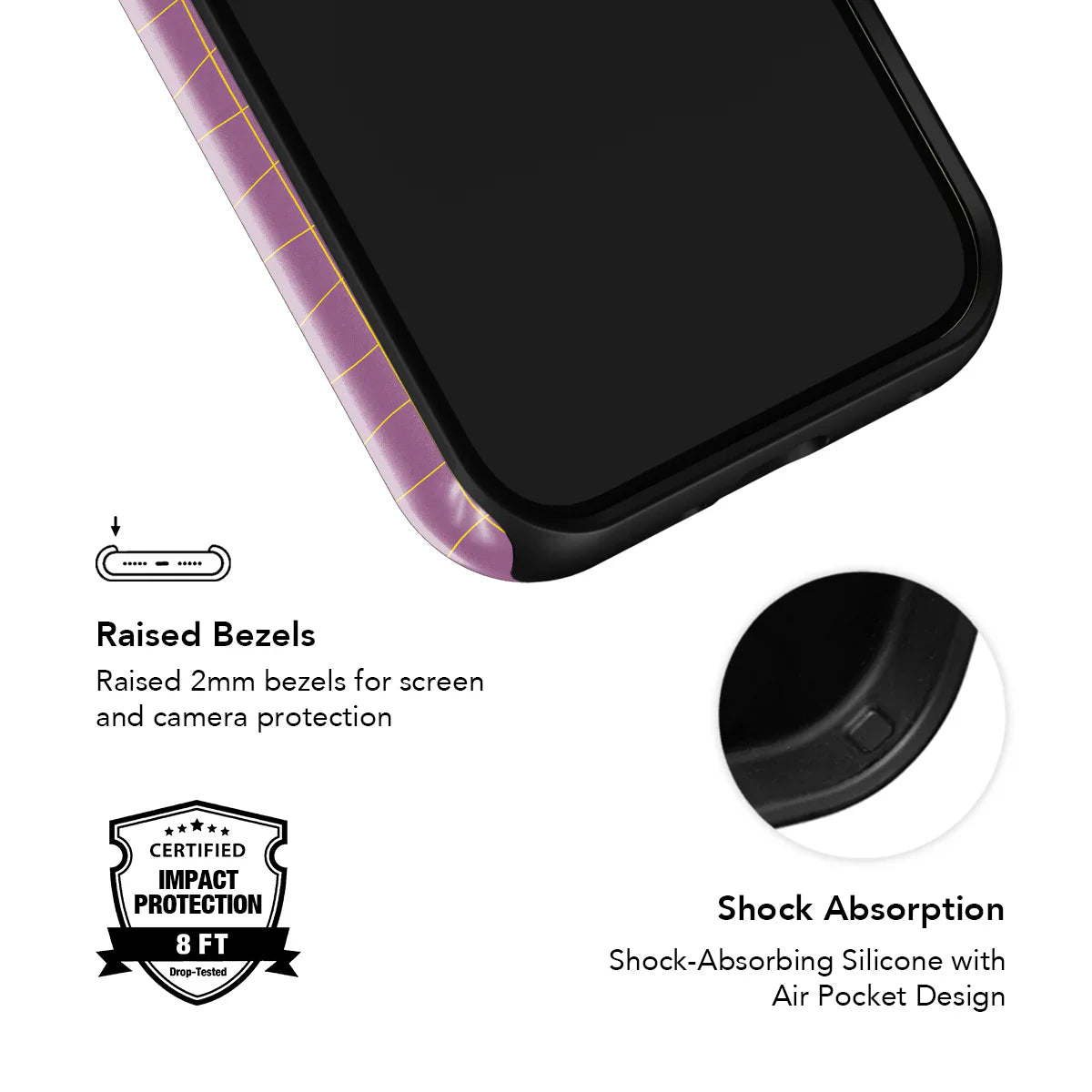 Shock-absorbing pink yellow grid phone case by KELAB with raised bezels and air pocket silicone for certified 8ft impact protection.
