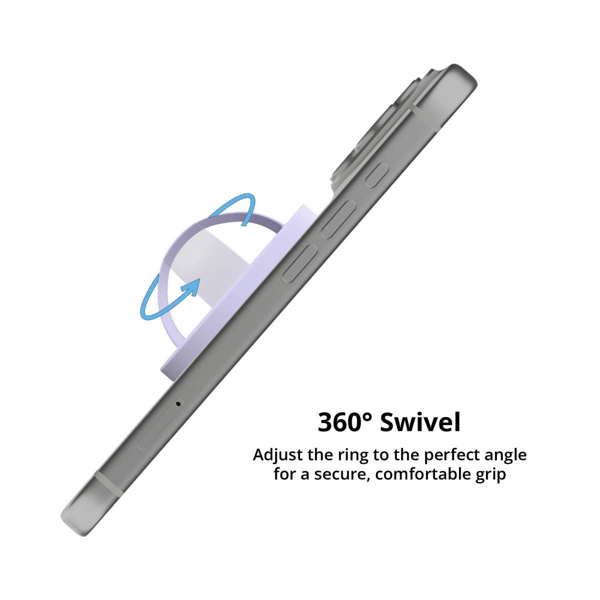Lilac MagSafe grip ring swiveling 360 degrees on an iPhone