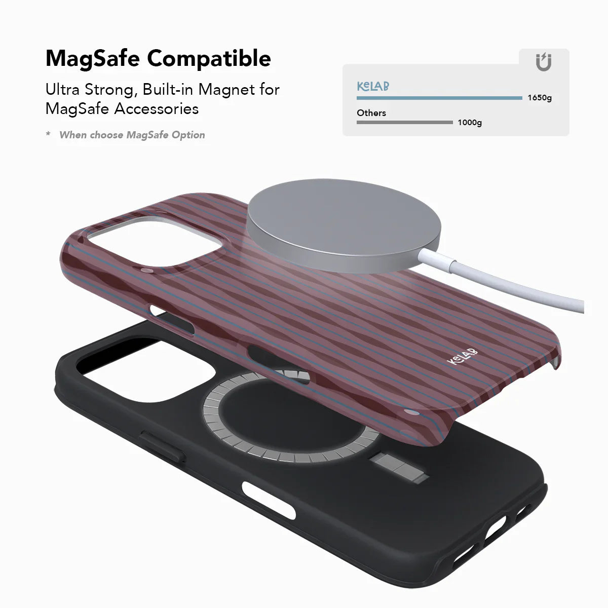 MagSafe-compatible burgundy phone case with built-in magnet and ripple design, optimized for KELAB accessories.