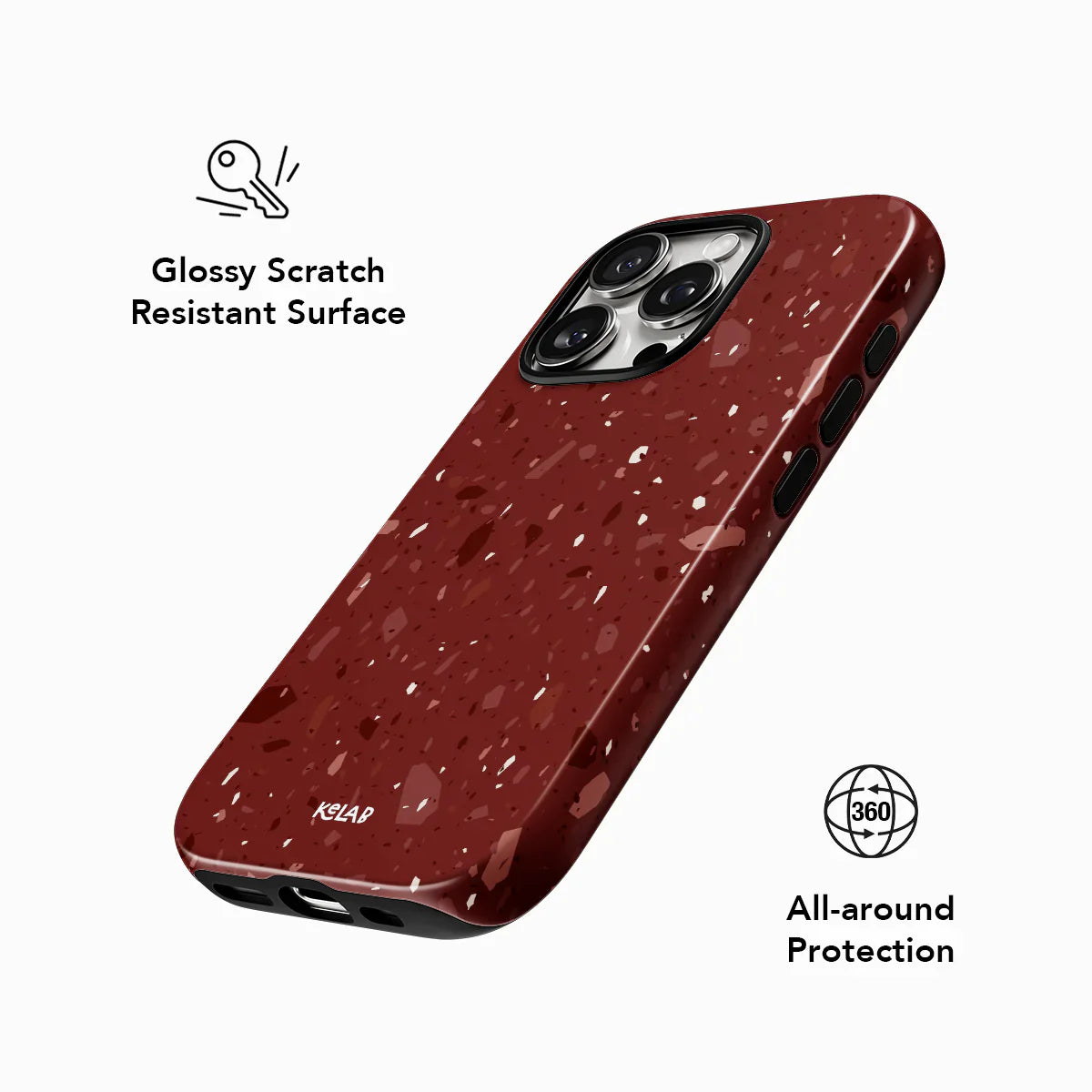 Glossy scratch-resistant burgundy terrazzo phone case with 360° all-around protection and elegant garnet color tones.