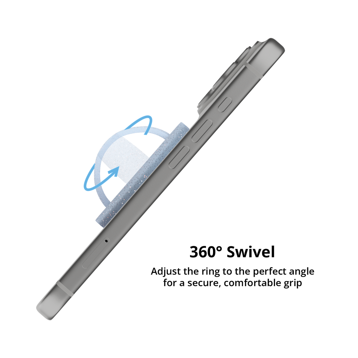 Icy blue glitter MagSafe grip ring swiveling 360 degrees on an iPhone