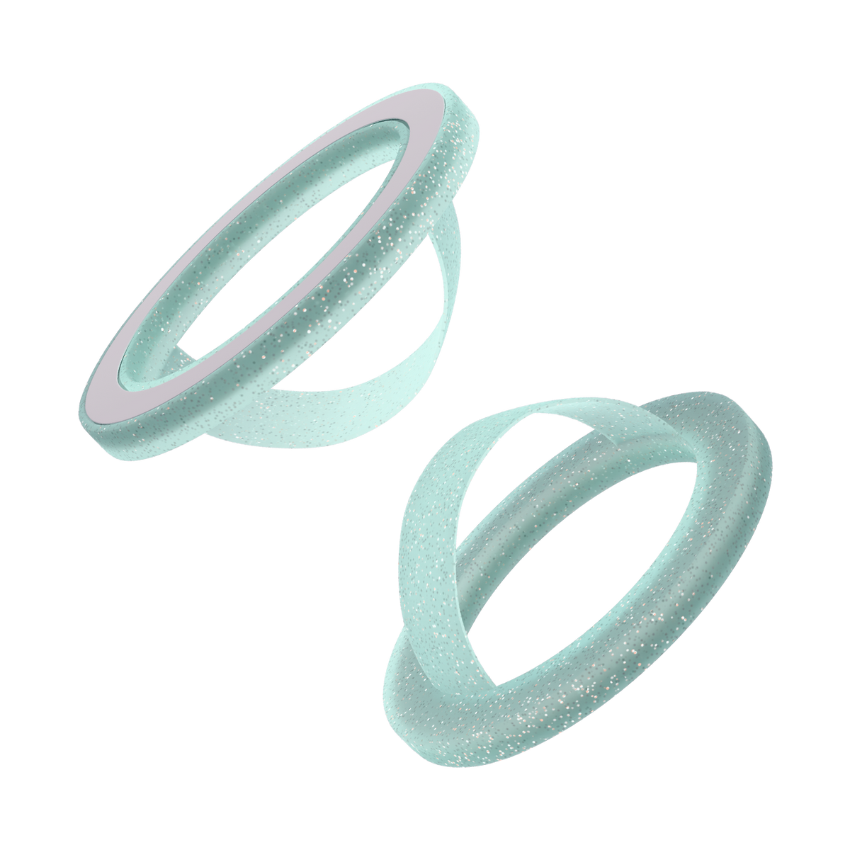 Front and back of the mint glitter frosted liquid silicone magnetic ring and finger loop