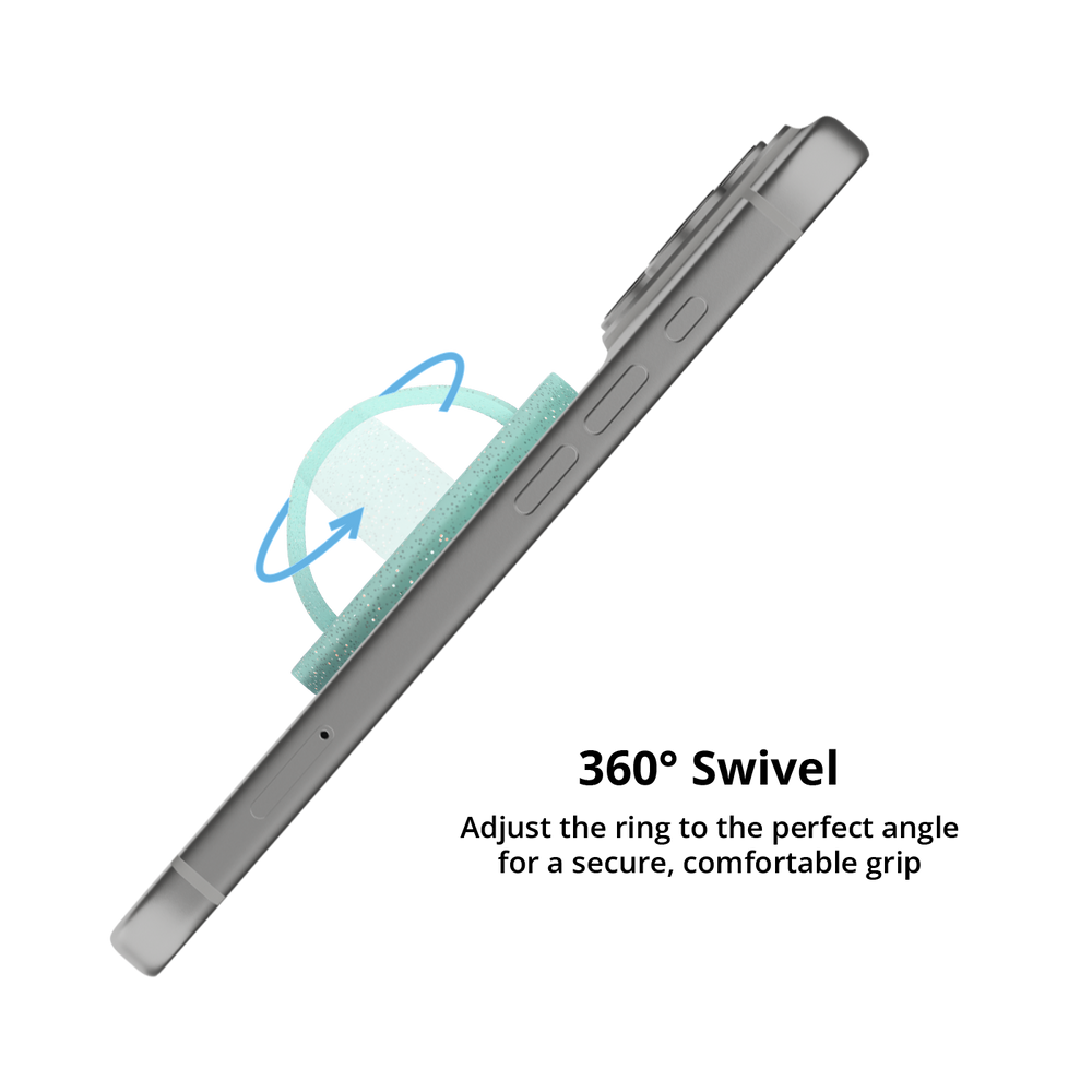 Mint glitter MagSafe grip ring swiveling 360 degrees on an iPhone