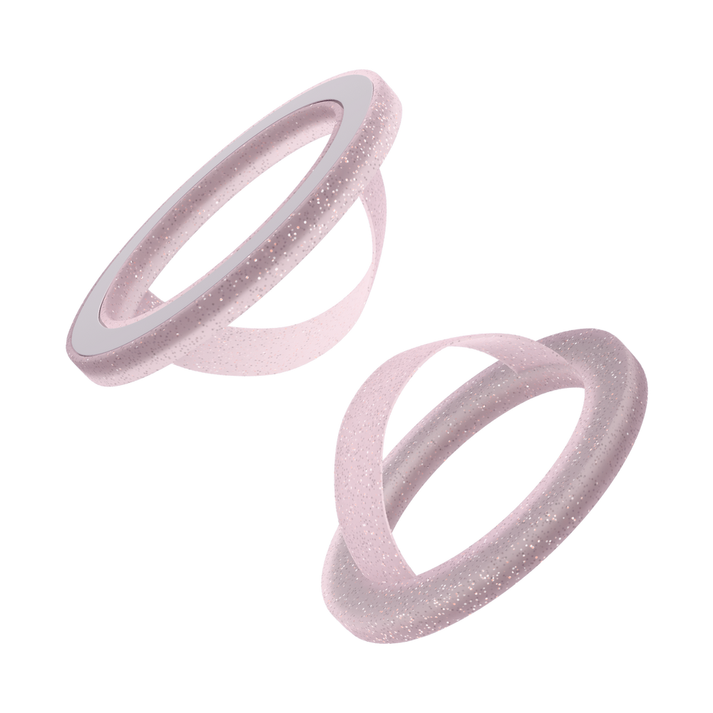 Front and back of the pink glitter frosted liquid silicone magnetic ring and finger loop