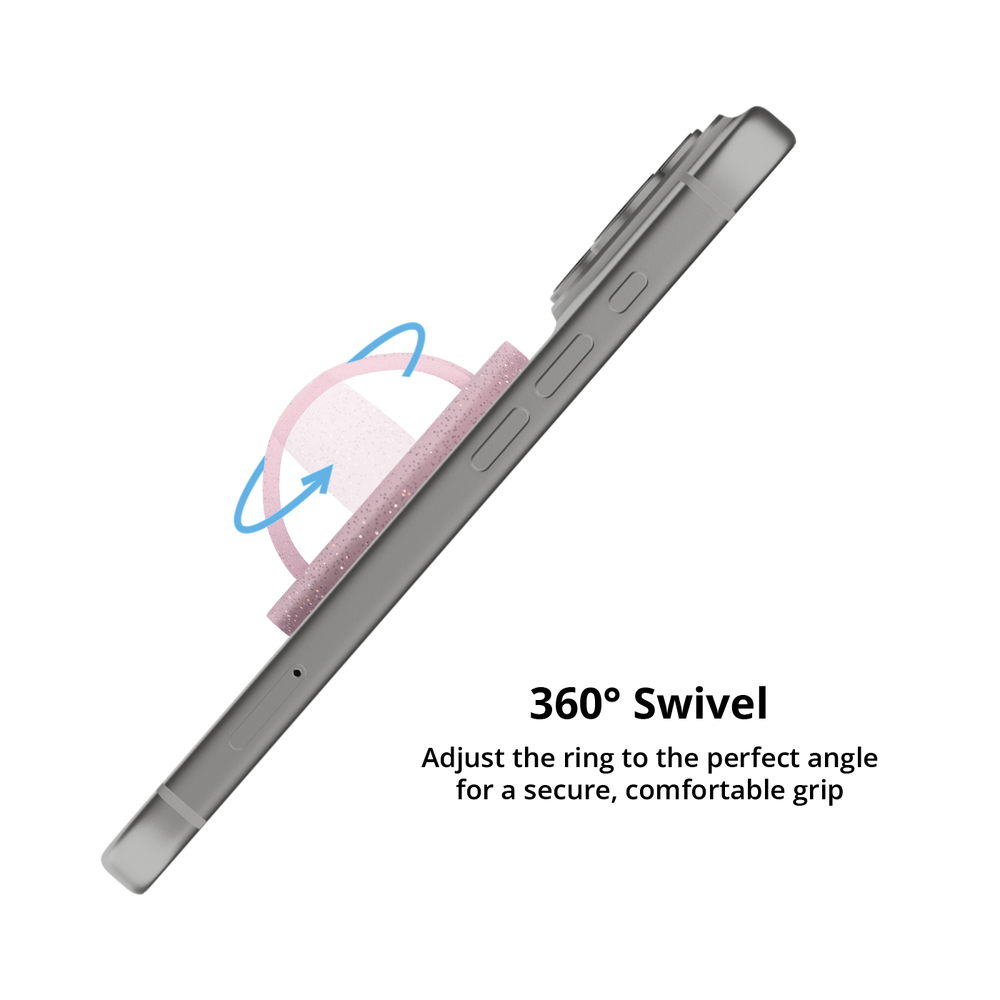 Pink glitter MagSafe grip ring swiveling 360 degrees on an iPhone