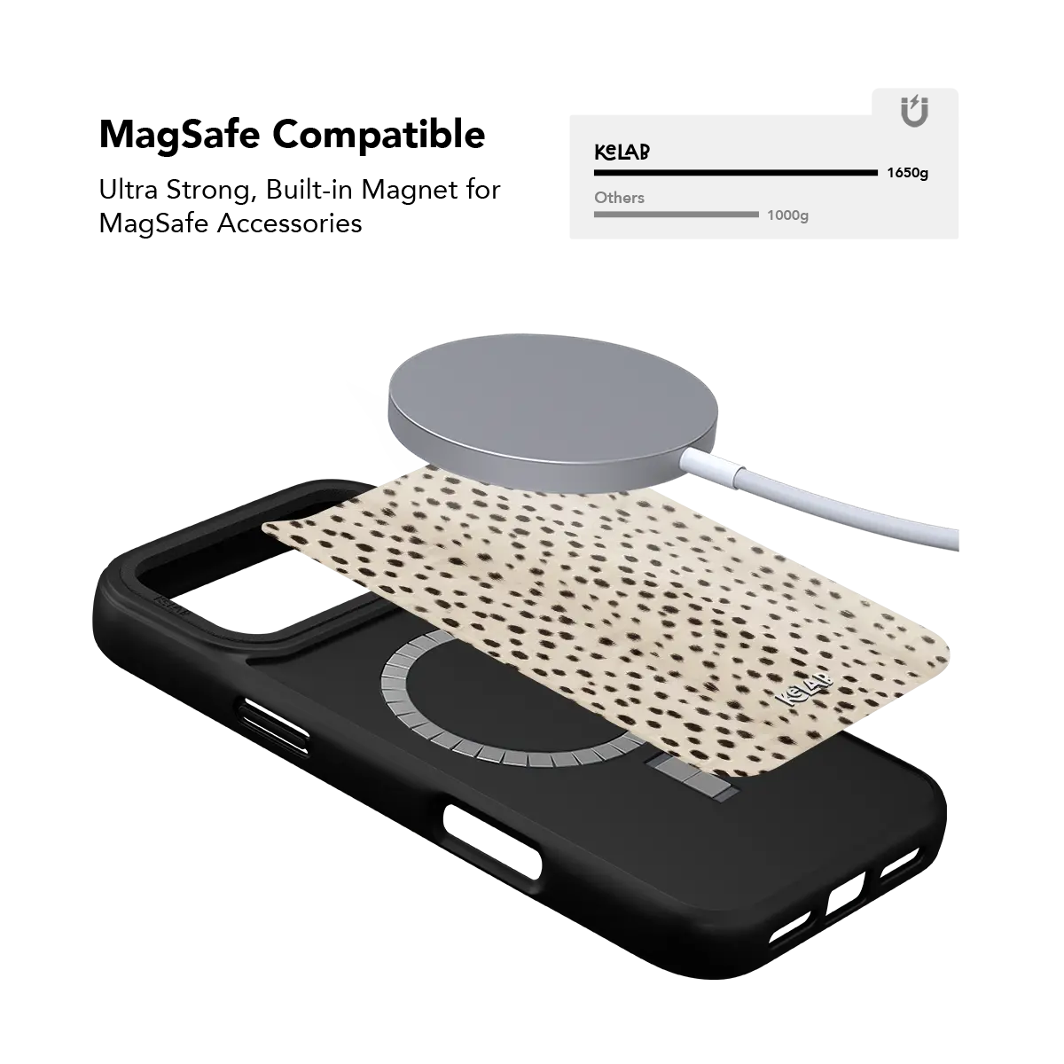 MagSafe compatible cream cheetah print iPhone case with built-in N52 magnets.