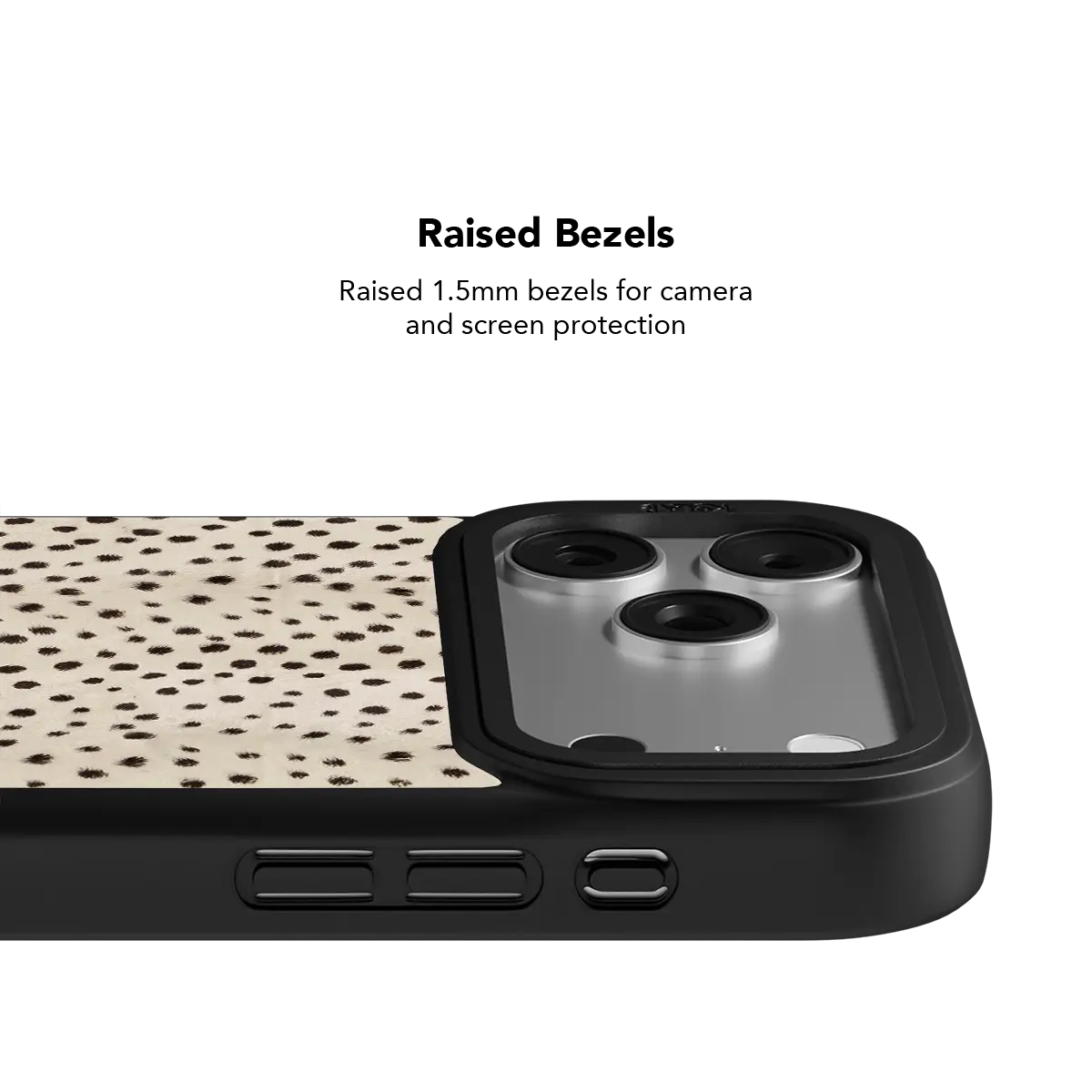 Cream cheetah print phone case with raised bezels protecting the screen and camera lenses.