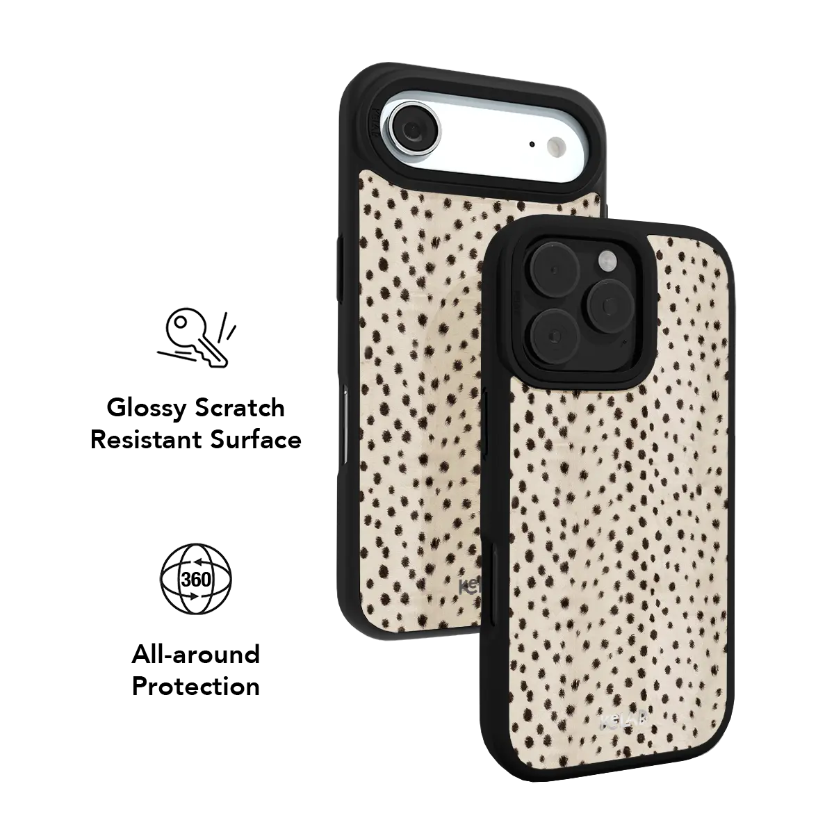 Cream and black cheetah print iPhone case with glossy scratch resistant finish and evenly spaced solid spots.