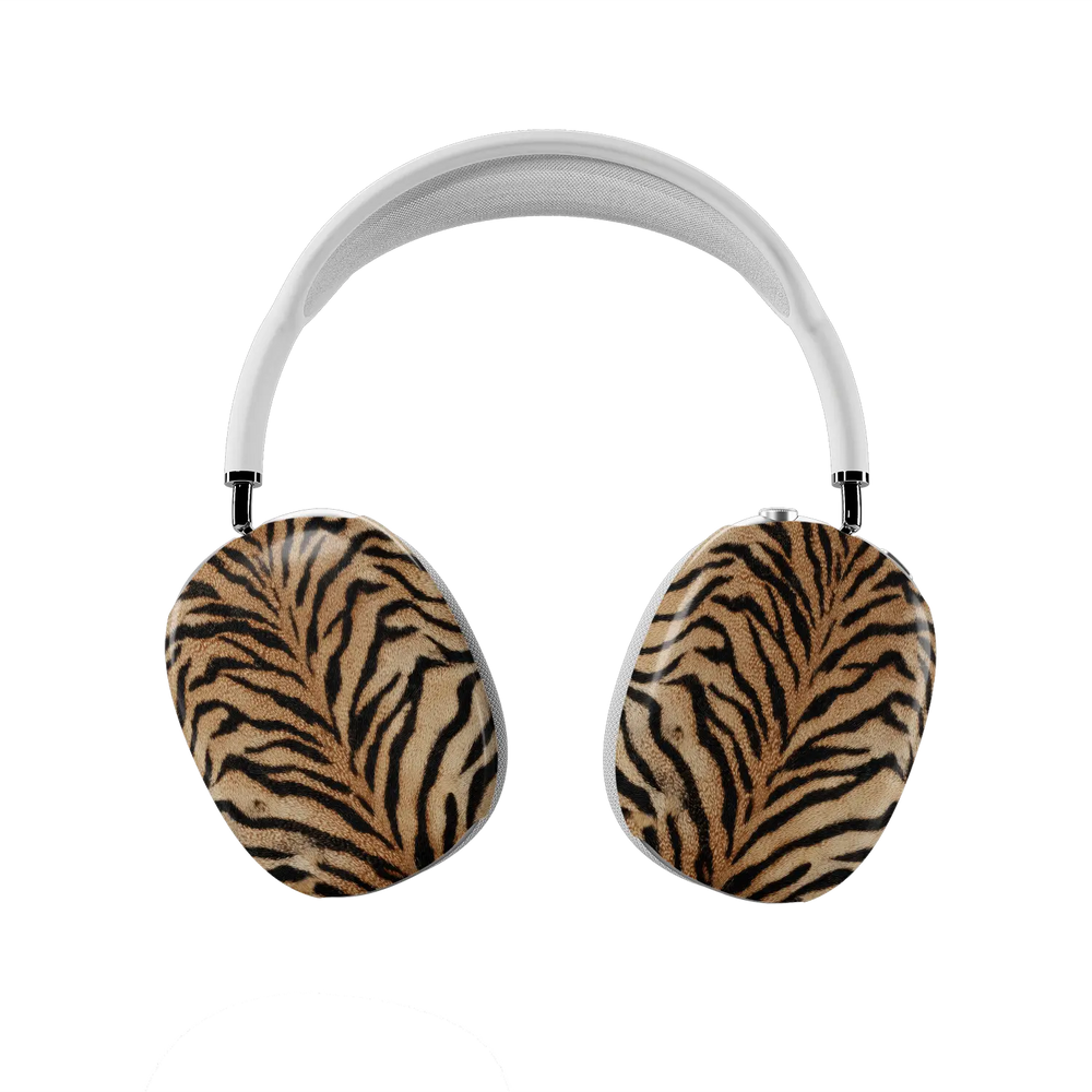 Orange tiger print AirPods Max cover on white headphones, amber and black stripes by KELAB
