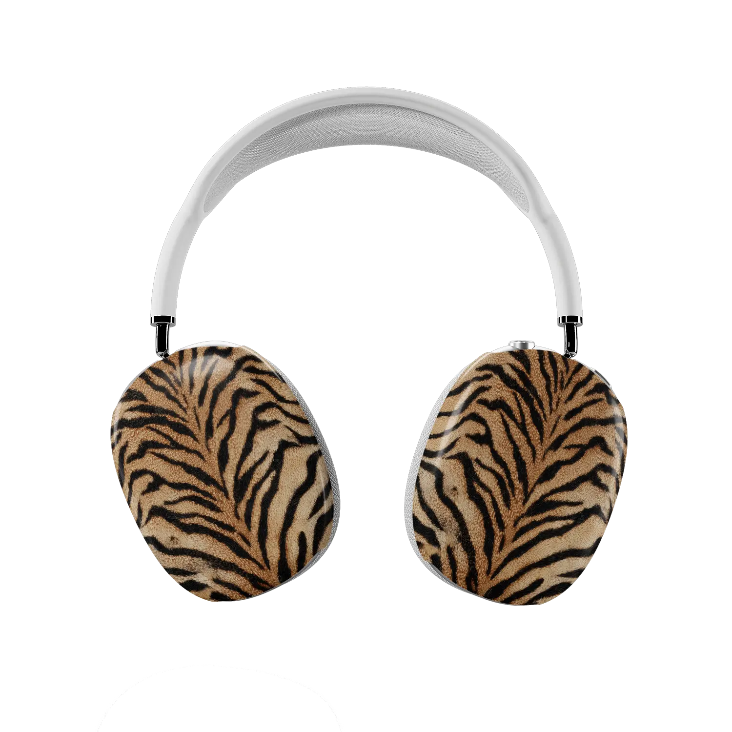 Orange tiger print AirPods Max cover on white headphones, amber and black stripes by KELAB