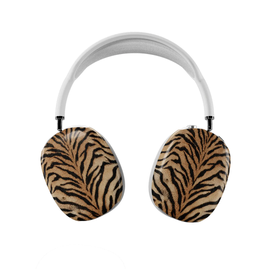 Orange tiger print AirPods Max cover on white headphones, amber and black stripes by KELAB
