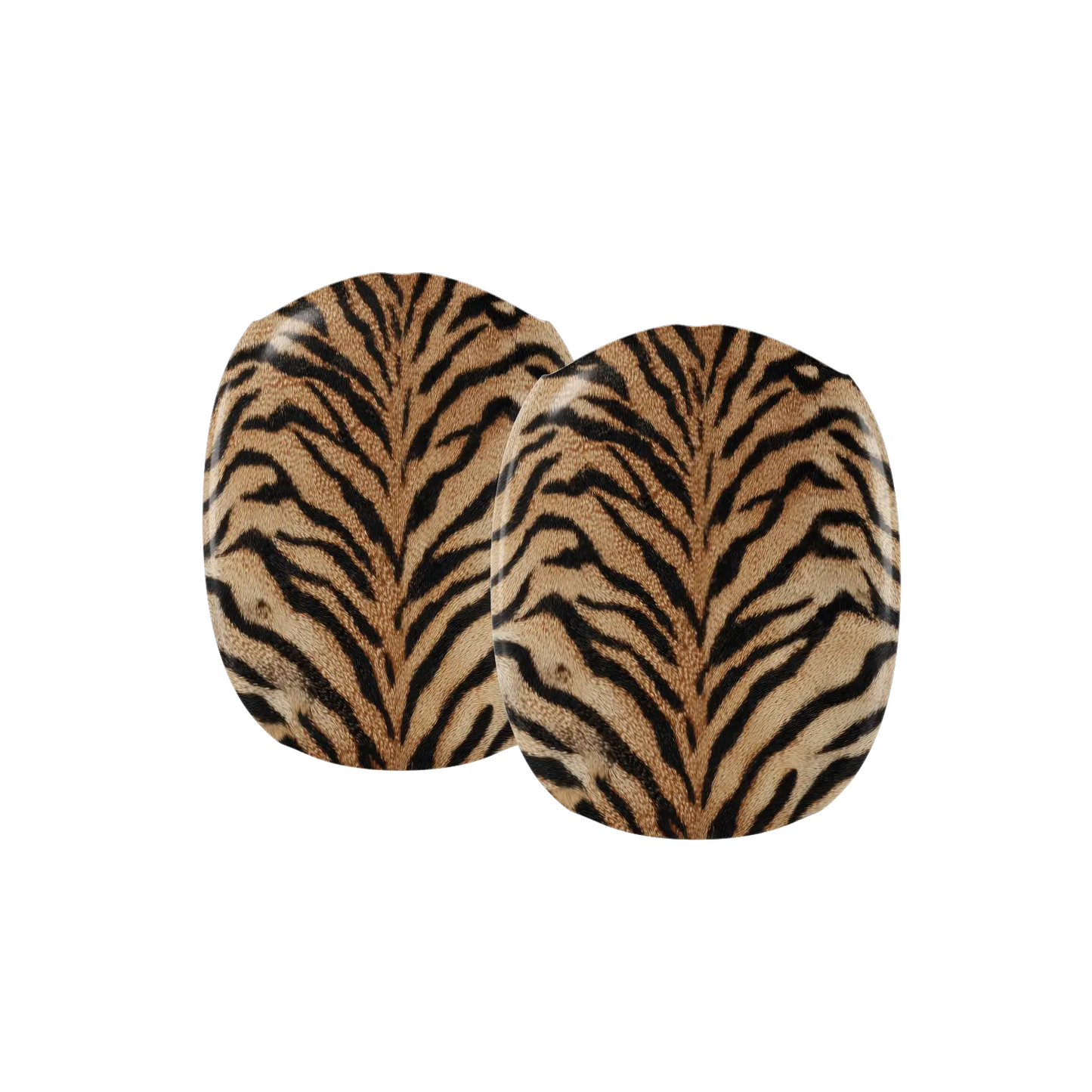 Pair of orange tiger print ear cup covers for AirPods Max in amber, gold and black