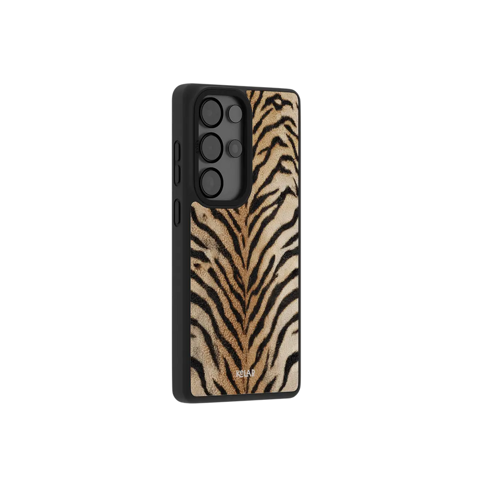 Fierce orange tiger print Samsung Galaxy case at a side angle showing the wrapped edges.