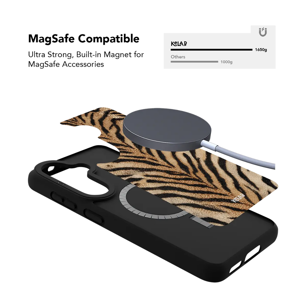 Fierce orange tiger print Samsung Galaxy case holding a magnetic wireless charger through the built in ring.
