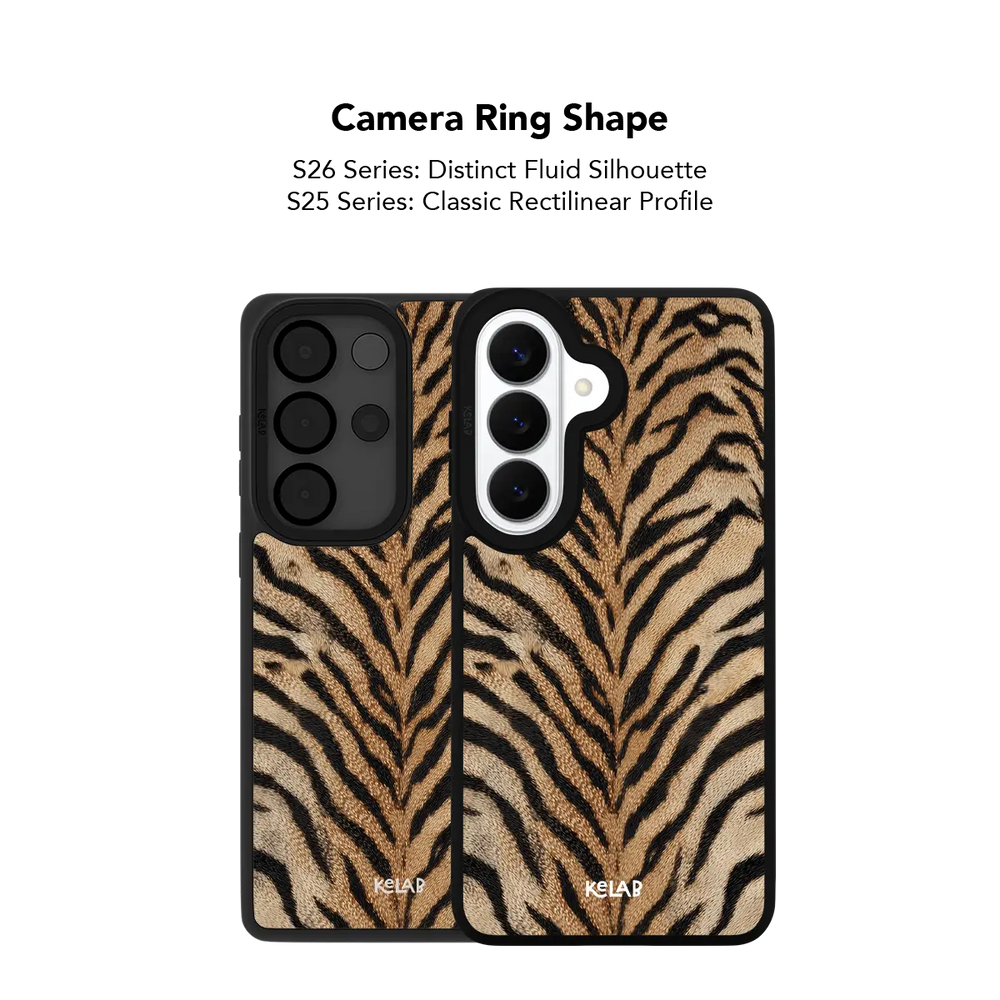 Close up of the camera ring cutout on the Fierce orange tiger print Samsung Galaxy case.