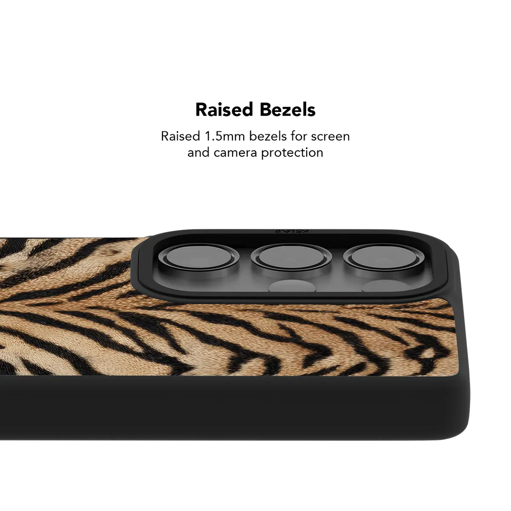 Raised bezel on the Fierce orange tiger print Galaxy case lifting the camera lenses clear of a flat surface.