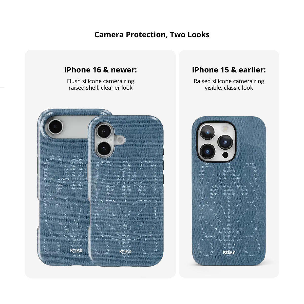 Denim ASCII art Tough iPhone case, size compared across iPhone 15-18 models (Indigo Fleur).