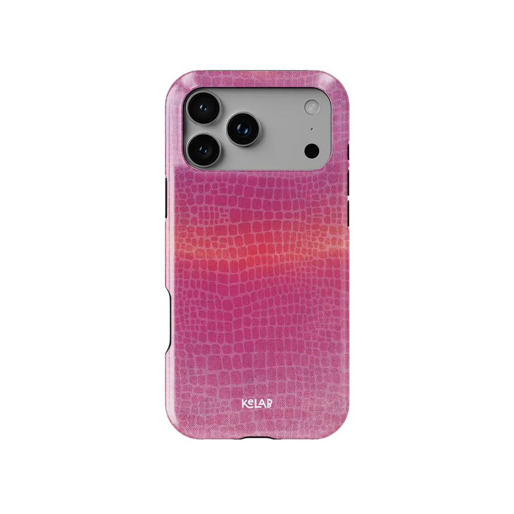 Pink croc print Bold Chrome iPhone case, front view showing the texture (Sunset Serpent).